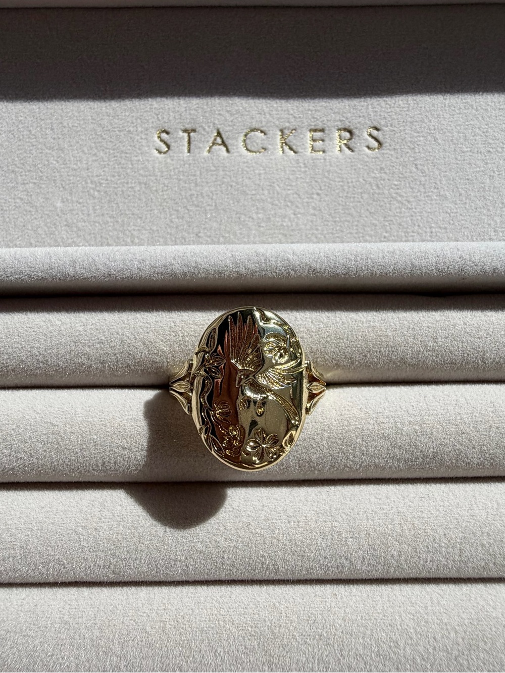 Vintage-Style Gold Over Sterling Silver Engraved Bird & Floral Statement Ring
